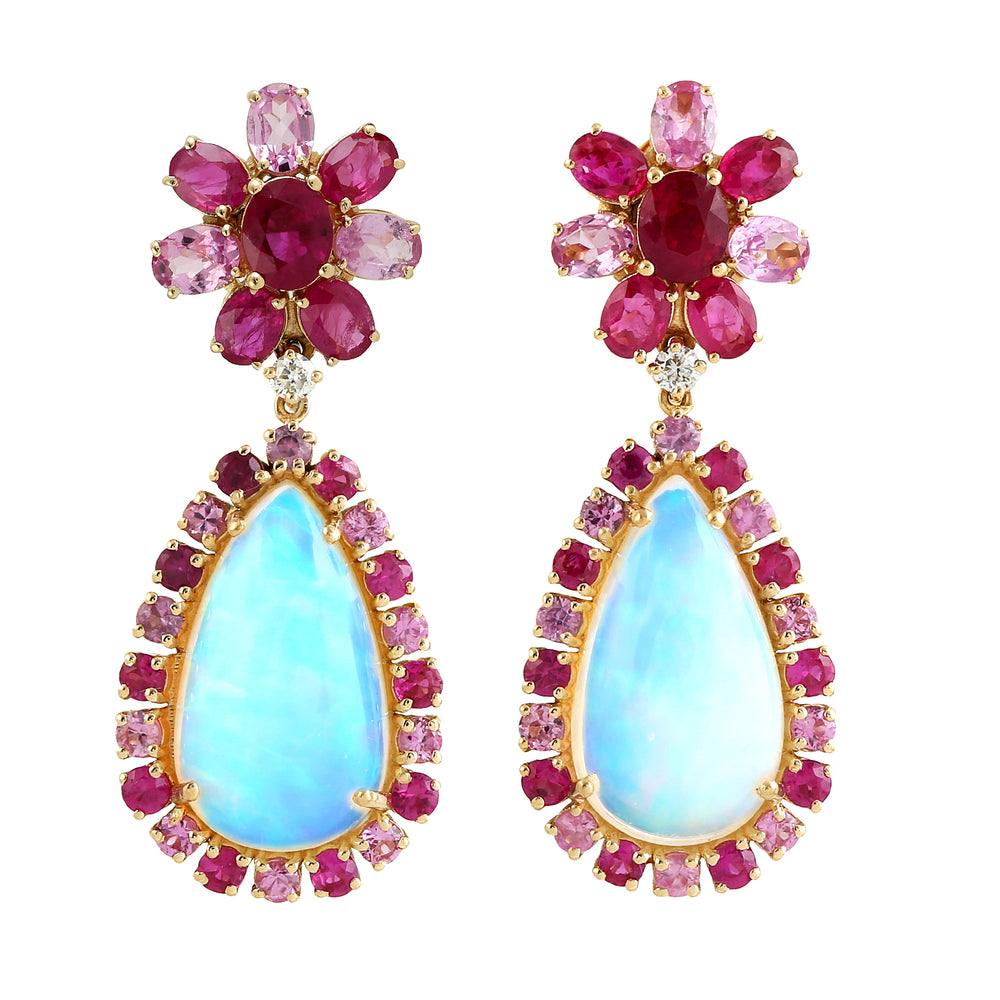 Opal Ethopian Ruby Sapphire Diamond Designer Danglers For Her In 18k Yellow Gold