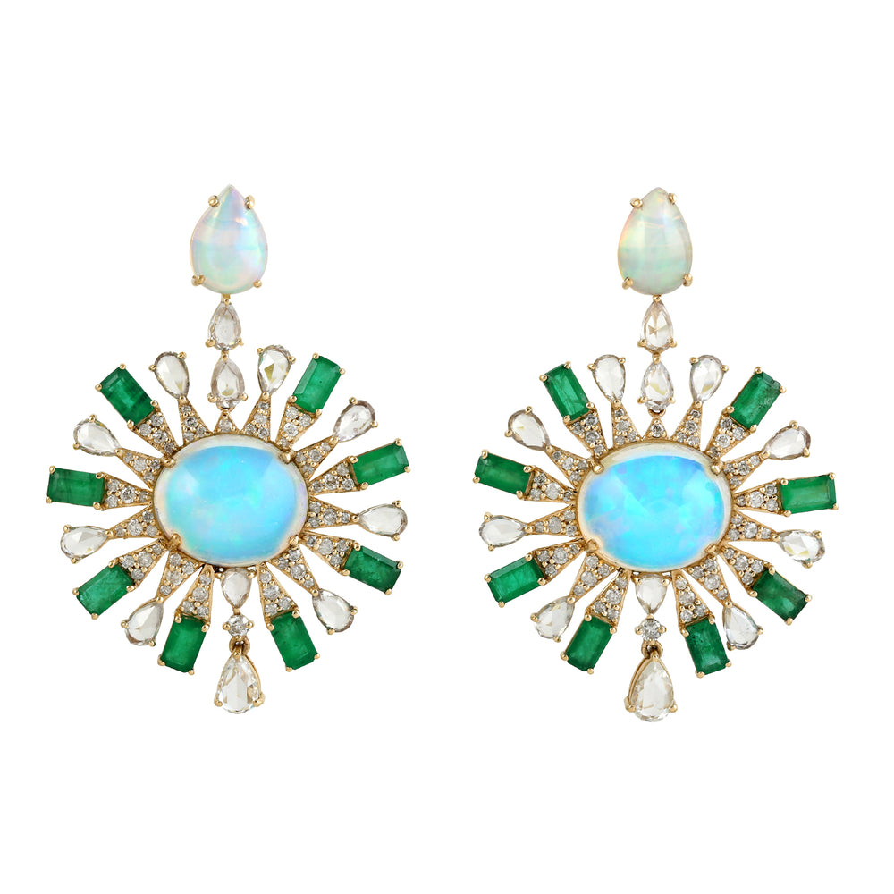 Opal Ethiopian Emerald Pave Diamond Sapphire Sunburst 18k Gold Danglers