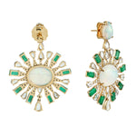 Opal Ethiopian Emerald Pave Diamond Sapphire Sunburst 18k Gold Danglers