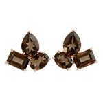 Natural Quartz Smokey Three Stone Stud Earrings In 18k Rose Gold