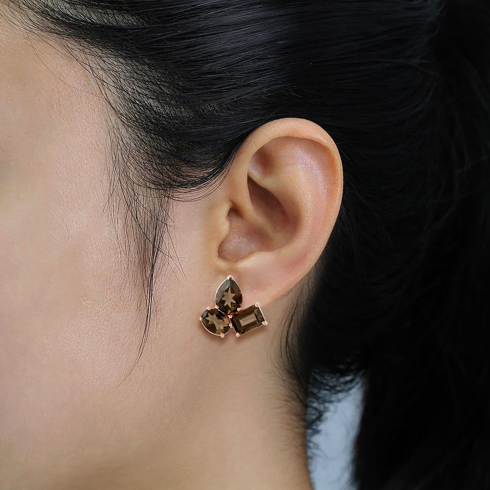 Natural Quartz Smokey Three Stone Stud Earrings In 18k Rose Gold