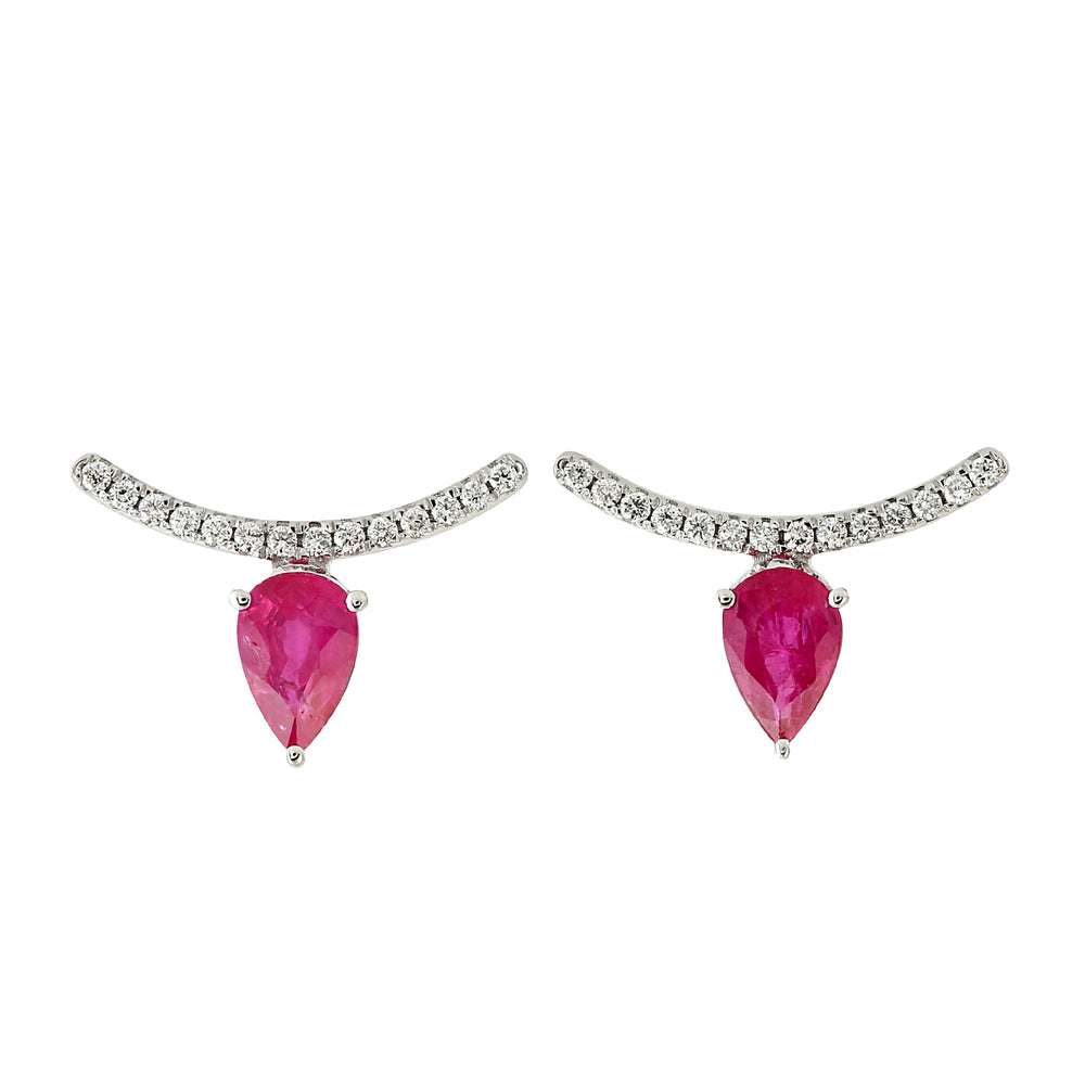 Pear Cut Ruby Natural Diamond Designer Stud Earrings In 18k Gold