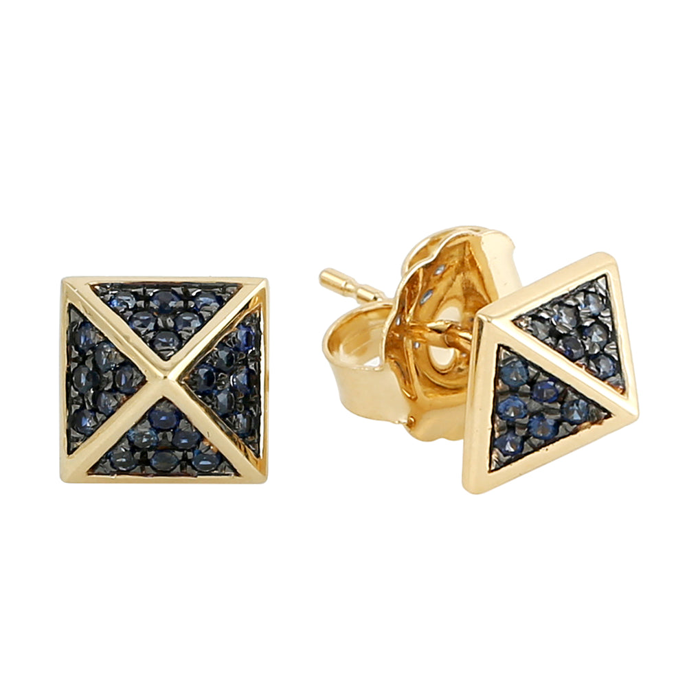 Natural Blue Sapphire Spike Design Stud Earrings In 18k Yellow Gold