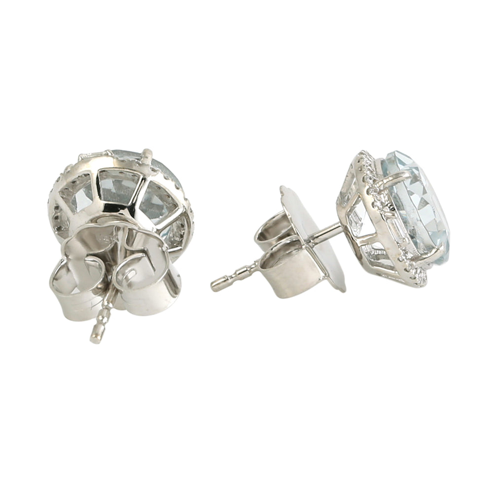 Faceted Aquamarine Diamond Halo Stud Earrings In 18k White Gold