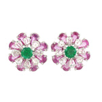 Pink Sapphire Emerald Diamond Daisy Stud 18k White Gold Jewelry