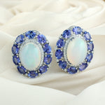 Natural Oval Opal Pave Diamond Oval Stud Earrings 18k White Gold