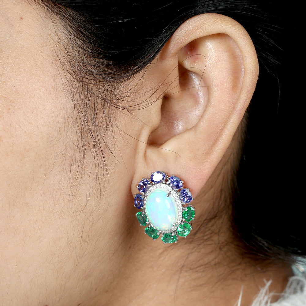 Opal Ethopian Tanzanite Emerald Handmade 18k White Gold Earrings Jewelry