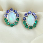 Opal Ethopian Tanzanite Emerald Handmade 18k White Gold Earrings Jewelry