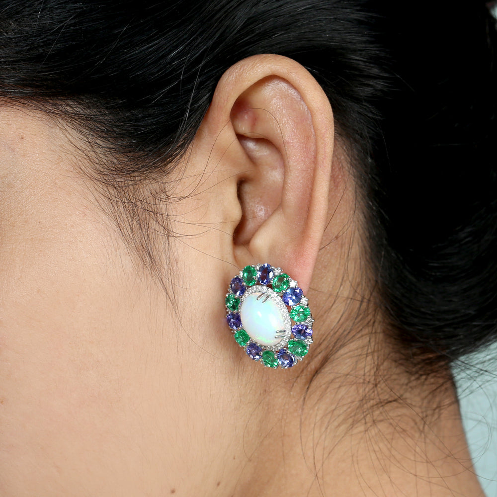 Oval Cut Tanzanite Emerald Diamond Opal Ethopian 18k Solid White Gold Ear Jewelry