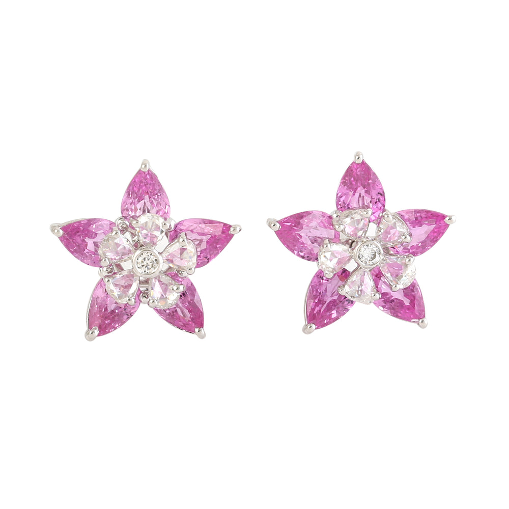 Marquise Pink Sapphire Diamond Daisy 18k White Gold Stud Jewelry