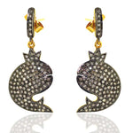 Solid 14k Yellow Gold Sterling Silver Pave Diamond Fish Charm Dangle Earrings Jewelry For Her