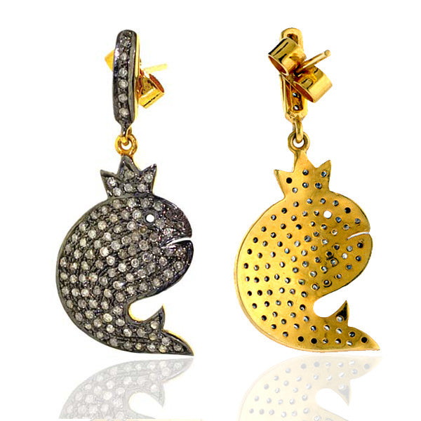 Solid 14k Yellow Gold Sterling Silver Pave Diamond Fish Charm Dangle Earrings Jewelry For Her