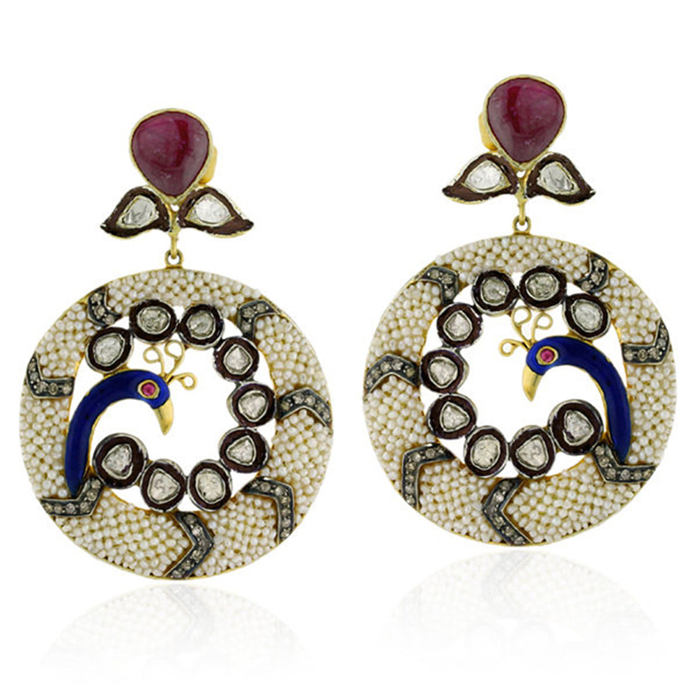 Natural Pearl Drop/Dangle Earrings 14k Gold 925 Silver Ruby Jewelry