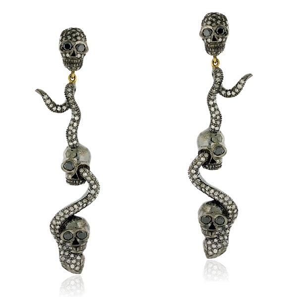 Pave Diamond Ruby 18k Gold Silver Snake & Skull Dangle Earrings Gift