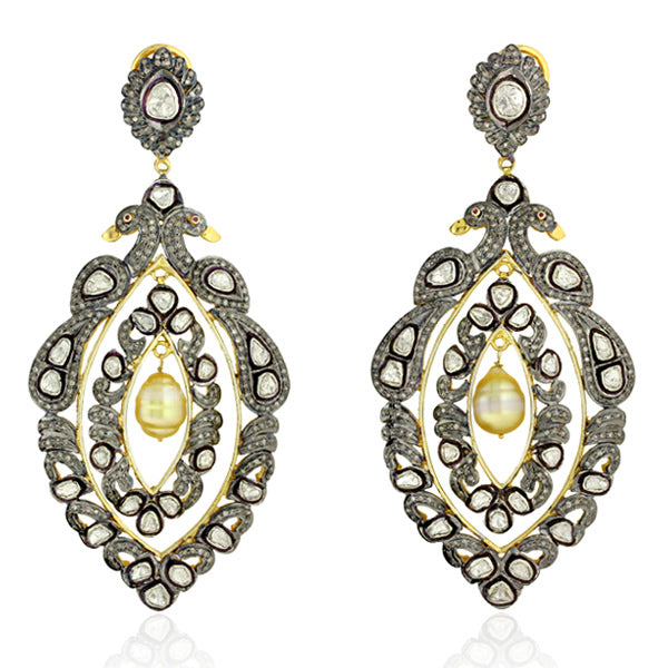 Pearl Rose Cut Diamond Dangle Earrings 14kt Gold Sterling Silver Jewelry