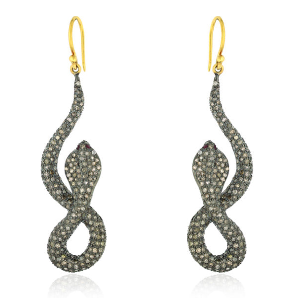 Antique Snake 18k Gold 925 Silver Hook Earrings Pave Diamond & Ruby Jewelry