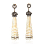 Natural Pearl Beads Diamond Tassel Earrings in 18k Gold Silver