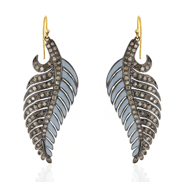 Pave Diamond 18kt Gold 925 Sterling Silver Feather Hook Earrings Jewelry