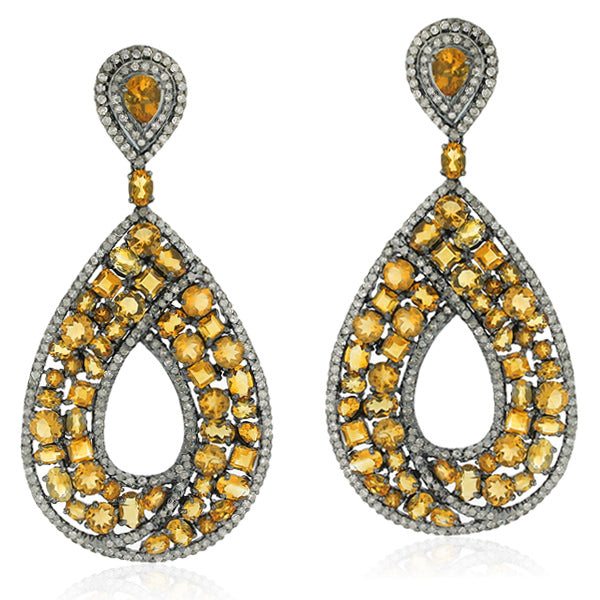 18Kt Gold 925 Sterling Silver Diamond Citrine Dangle Earrings November Birthstone Jewelry