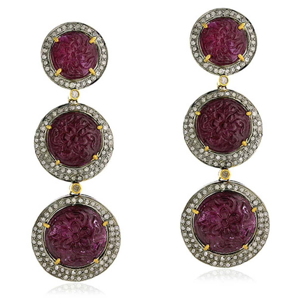 Ruby Diamond 18kt Gold Dangle Earrings 925 Sterling Silver Carving Jewelry