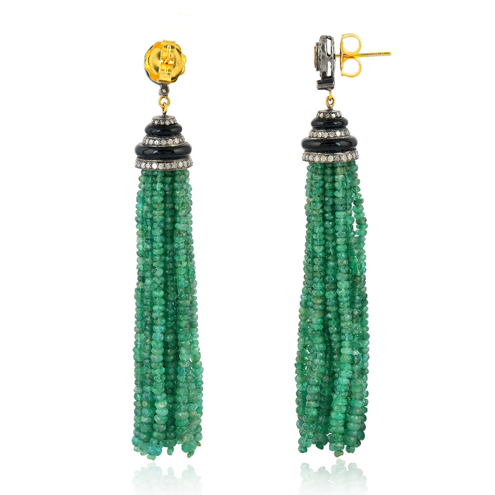 Pave Diamond Emerald Beads Tassel Earrings In 18k Gold Silver For Her