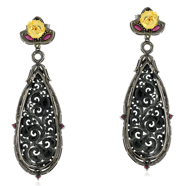 Carved Gemstone Ruby Pave Diamond 18kt Gold Silver Dangle Earrings Jewelry