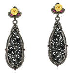 Carved Gemstone Ruby Pave Diamond 18kt Gold Silver Dangle Earrings Jewelry