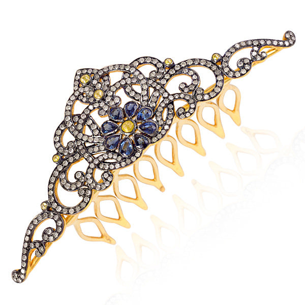 NaturalPave Diamond Blue Sapphire 925 Sterling Silver Hair Comb Jewelry