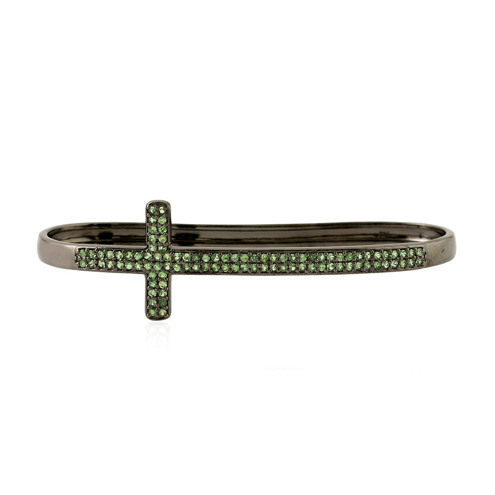 Micro Pave Tsavorite Cross Design Bangle Bracelet In Silver