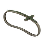 Micro Pave Tsavorite Cross Design Bangle Bracelet In Silver