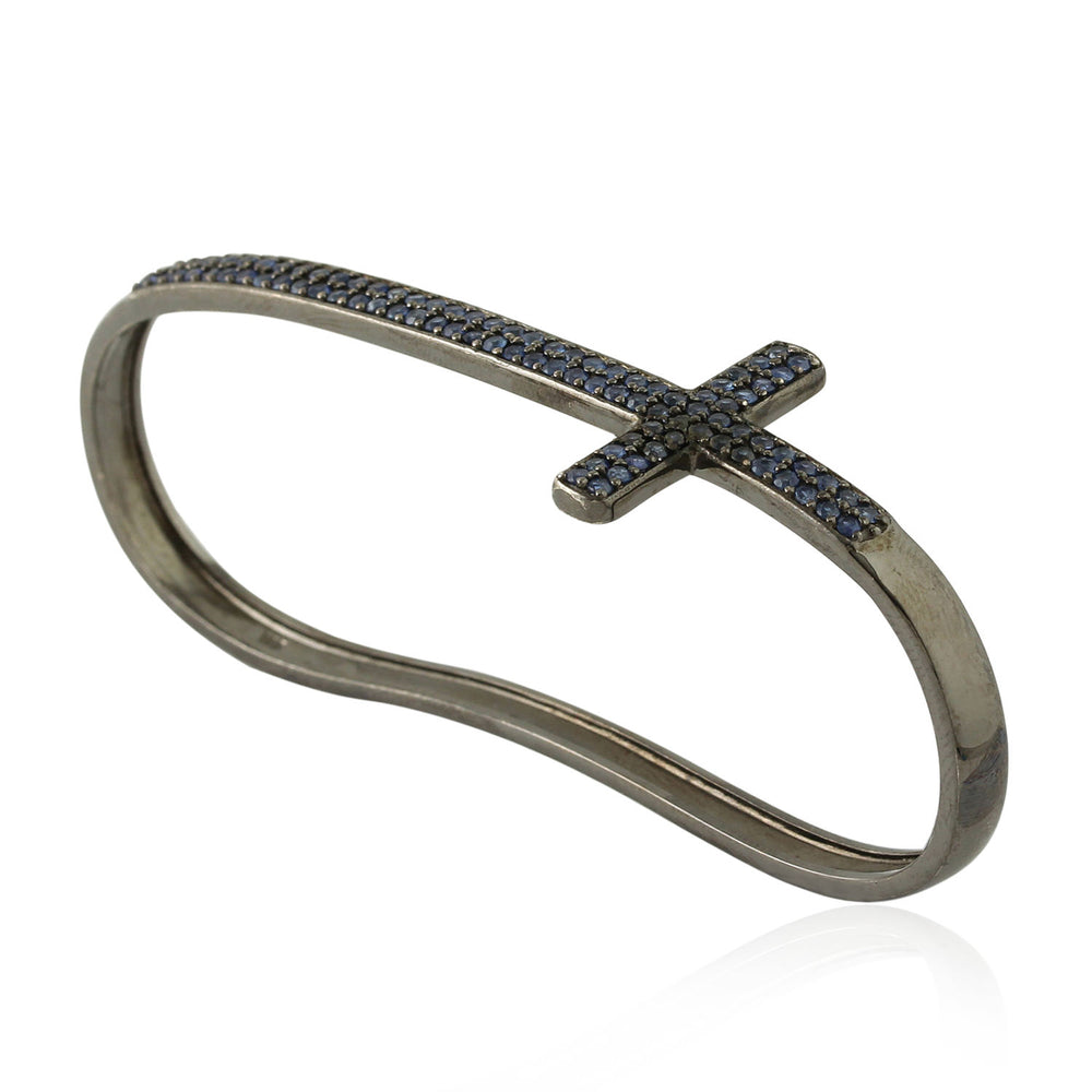 Blue Sapphire Cross Design Bangle Bracelet In Silver
