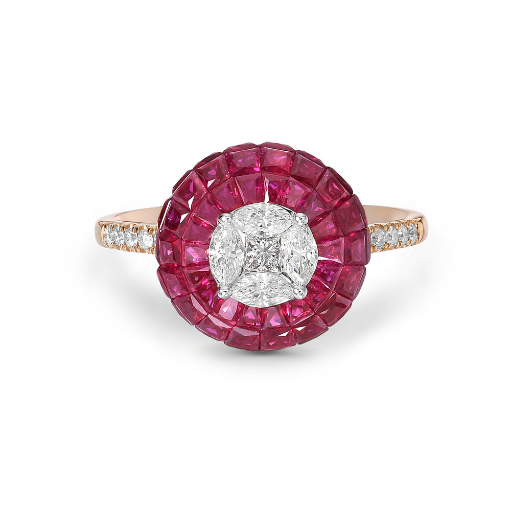 Channel Set Ruby Diamond 18k Rose Gold Halo Ring
