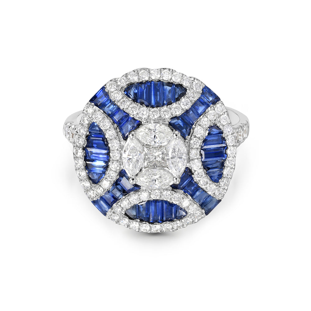 Baguette Sapphire Diamond Cocktail Ring In 18k White Gold