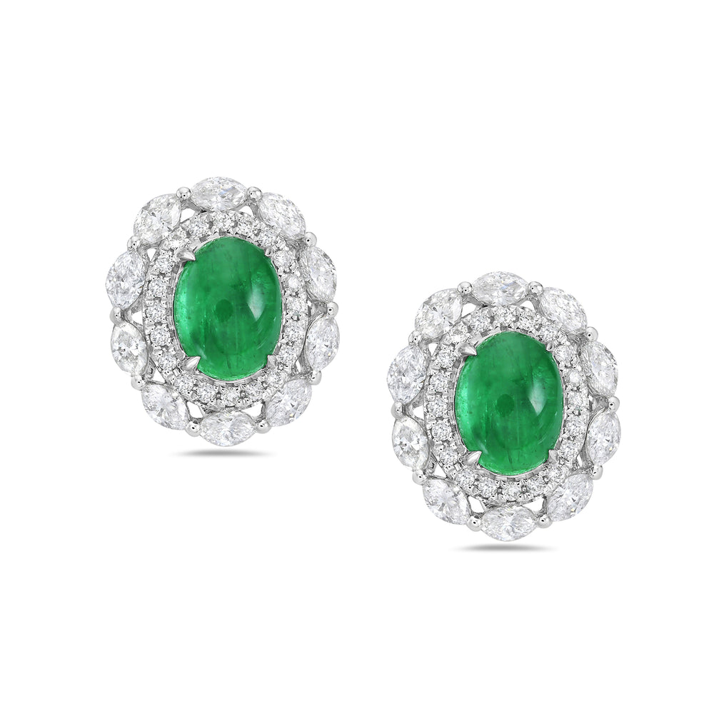 Marquise Diamond Emerald Oval Halo Stud Earrings In White Gold