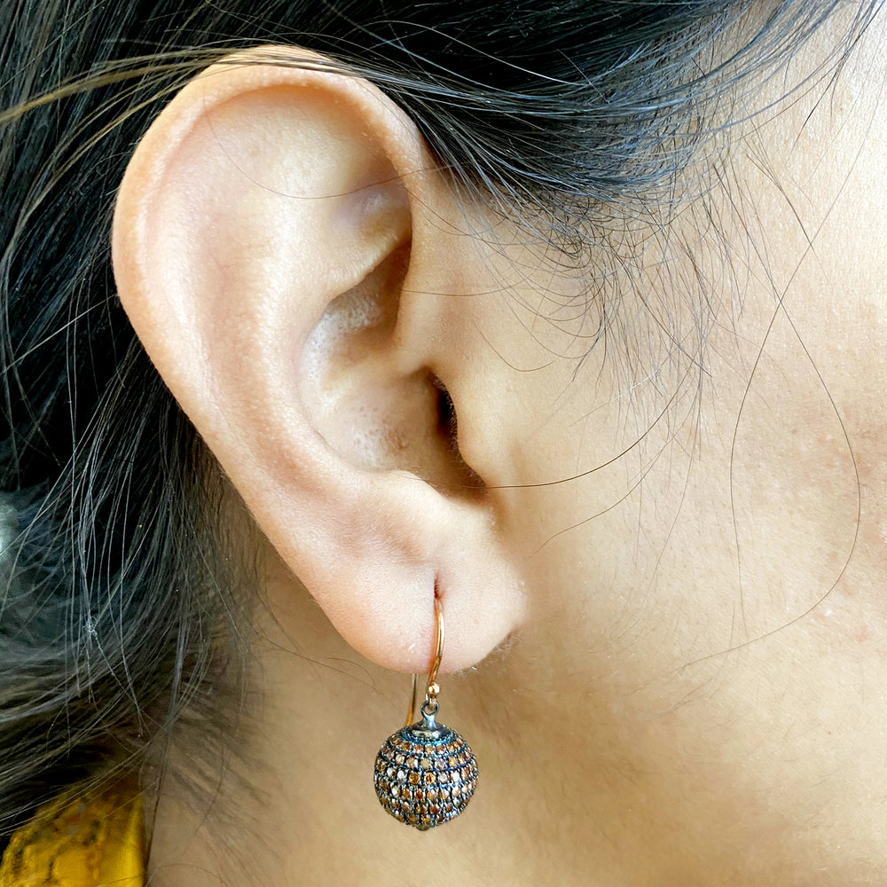Diamond Pave Bead Ball Hook Drop Dangle Earrings Sterling Silver Jewelry
