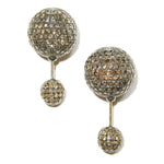 Natural Diamond Pave Double Sided Bead Ball Earrings 925 Silver 18k Gold