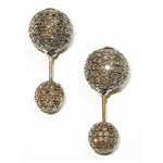 Real Diamond Pave Double Sided Bead Ball Earrings Handmade 18k Gold 925 Silver