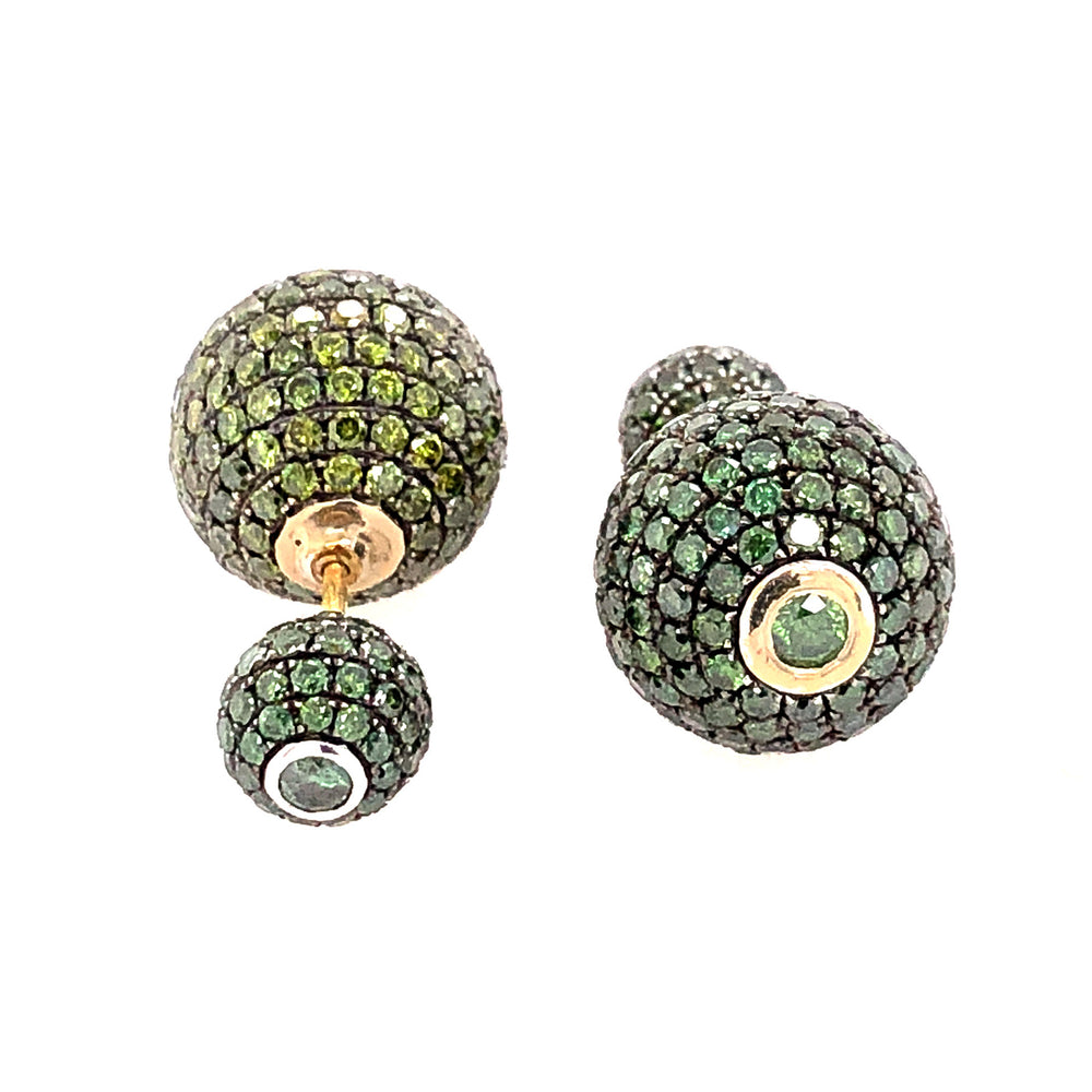 Green Diamond Pave Double Sided Earrings For Womens 14k Yellow Gold Jewelry