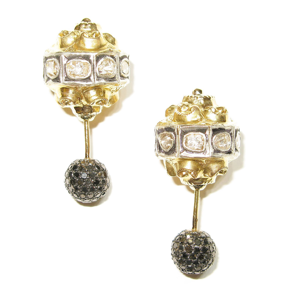 Pave Diamond Double Sided ANTIQUE LOOK Earrings Sterling Silver 14k Gold