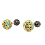 Black Diamond Pave Gemstone Double Sided Ethnic Earrings 14k Solid Yellow Gold