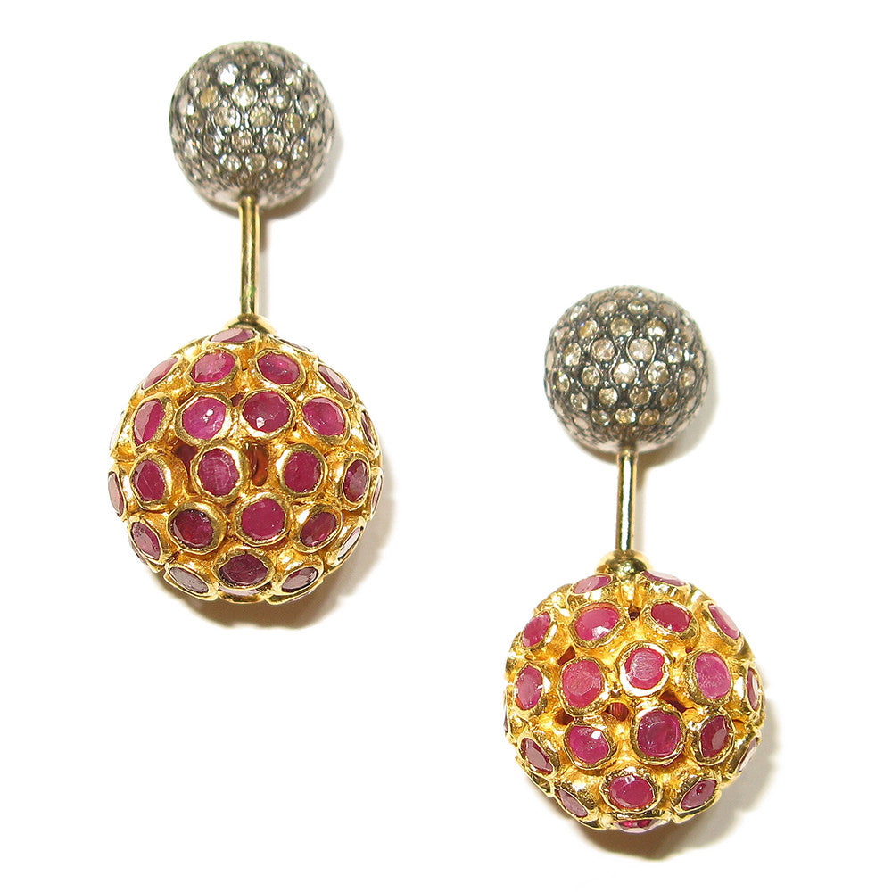 ETHNIC LOOK Double Sided Earrings Pave Diamond Ruby 18k Yellow Gold Jewelry Gift