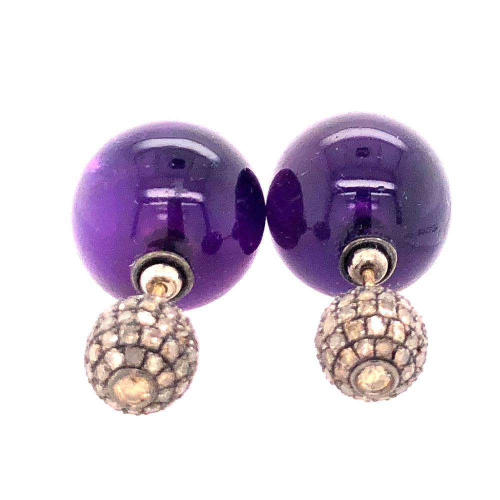 Pave Diamond Amethyst Double Sided Bead Ball Stud Earrings 14k Solid Gold February Birthstone Jewelry