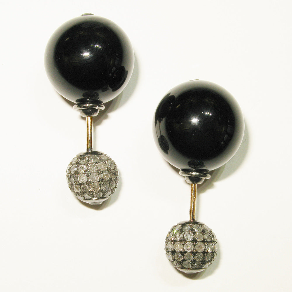 Pave Diamond Black Onyx Sterling Silver Double Sided Handmade Earrings 14k Gold