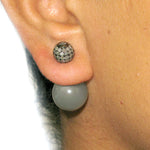 14k Gold Pave Diamond Gray Moonstone Double Sided Silver Earrings For GIFT