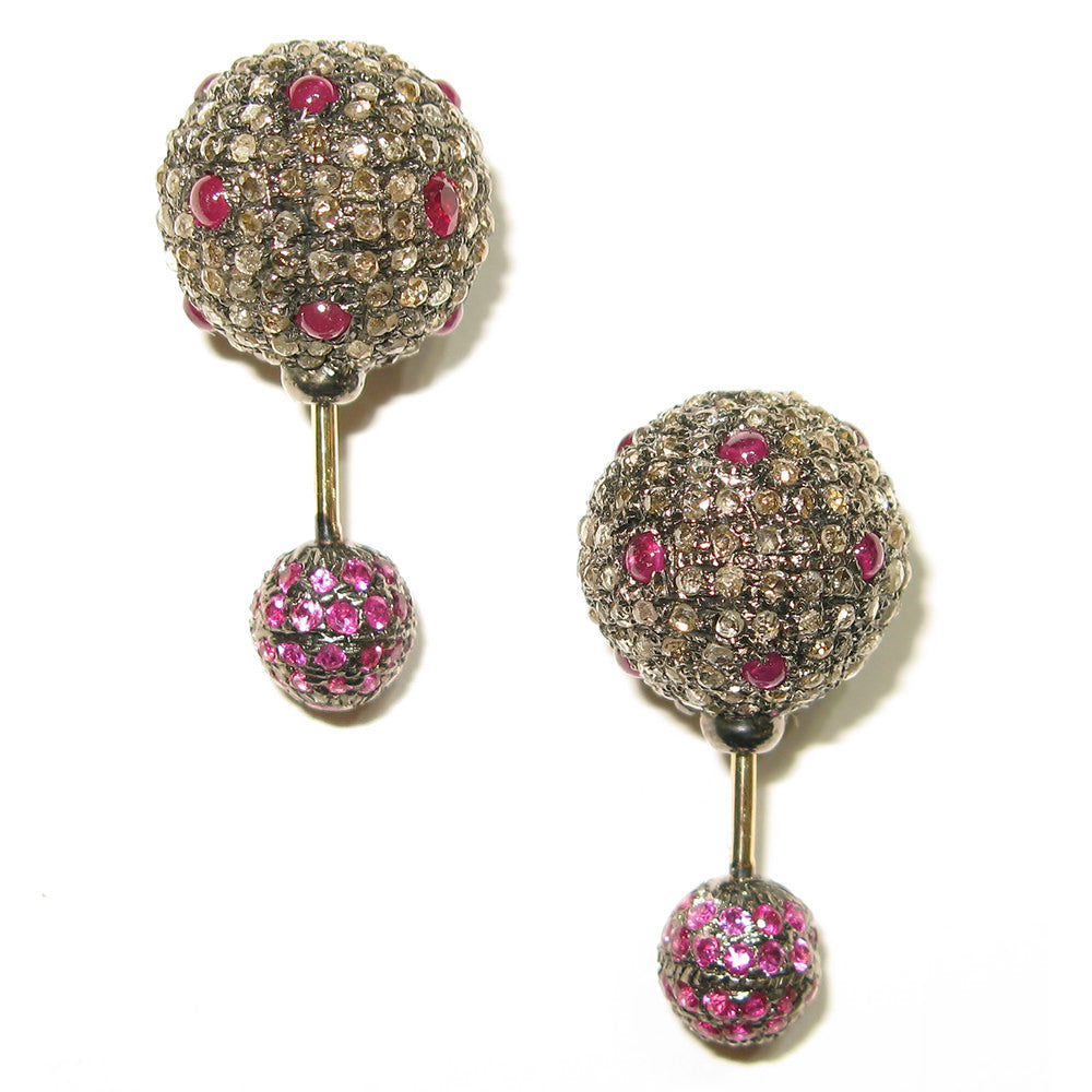 VINTAGE LOOK Double Sided Stud Earrings 3.95ct Pave Diamond Ruby 14k Gold Silver