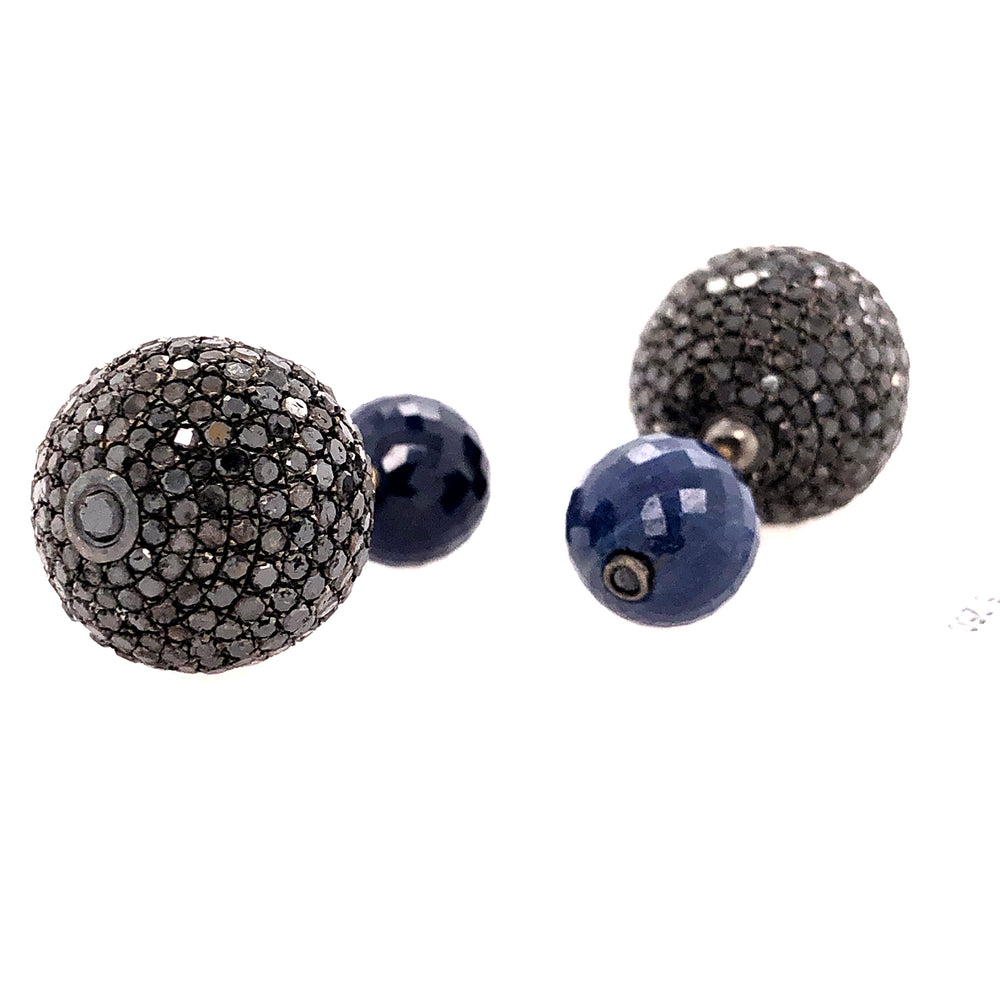14k Gold 925 Silver Black Diamond Pave Blue Sapphire Tunnel Stud Earrings