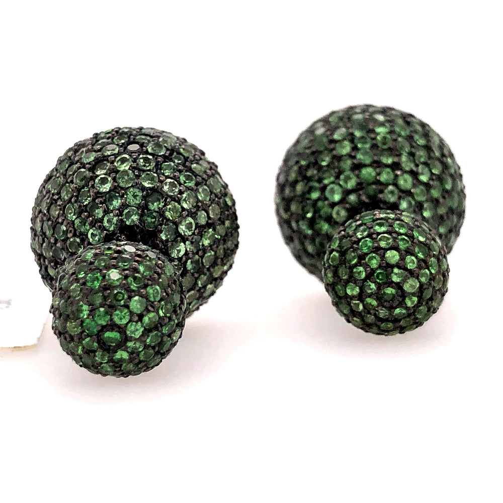 Natural Tsavorite Gemstone Bead Ball Double Sided Earrings Sterling Silver Jewelry