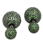 Natural Tsavorite Gemstone Bead Ball Double Sided Earrings Sterling Silver Jewelry