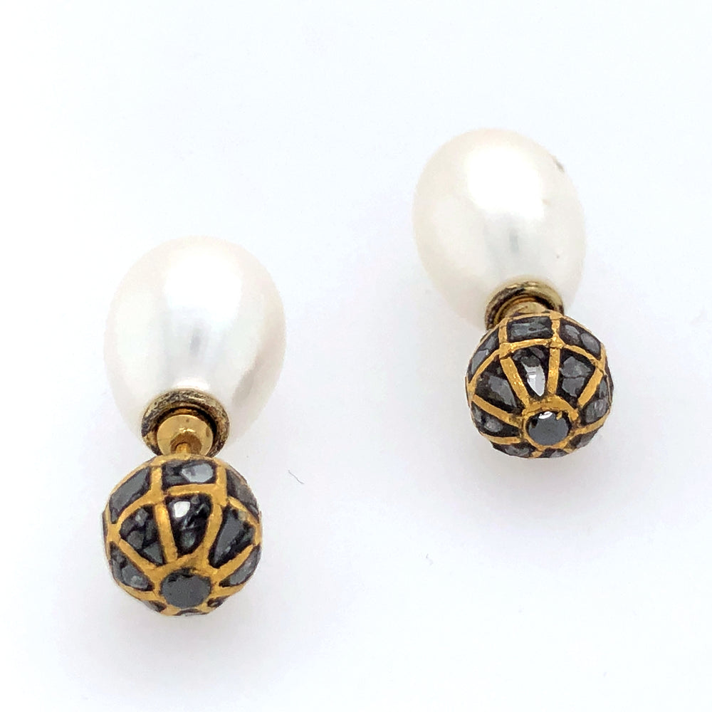18k Gold Sterling Silver Chip Diamond Double Sided Earrings Pearl Jewelry