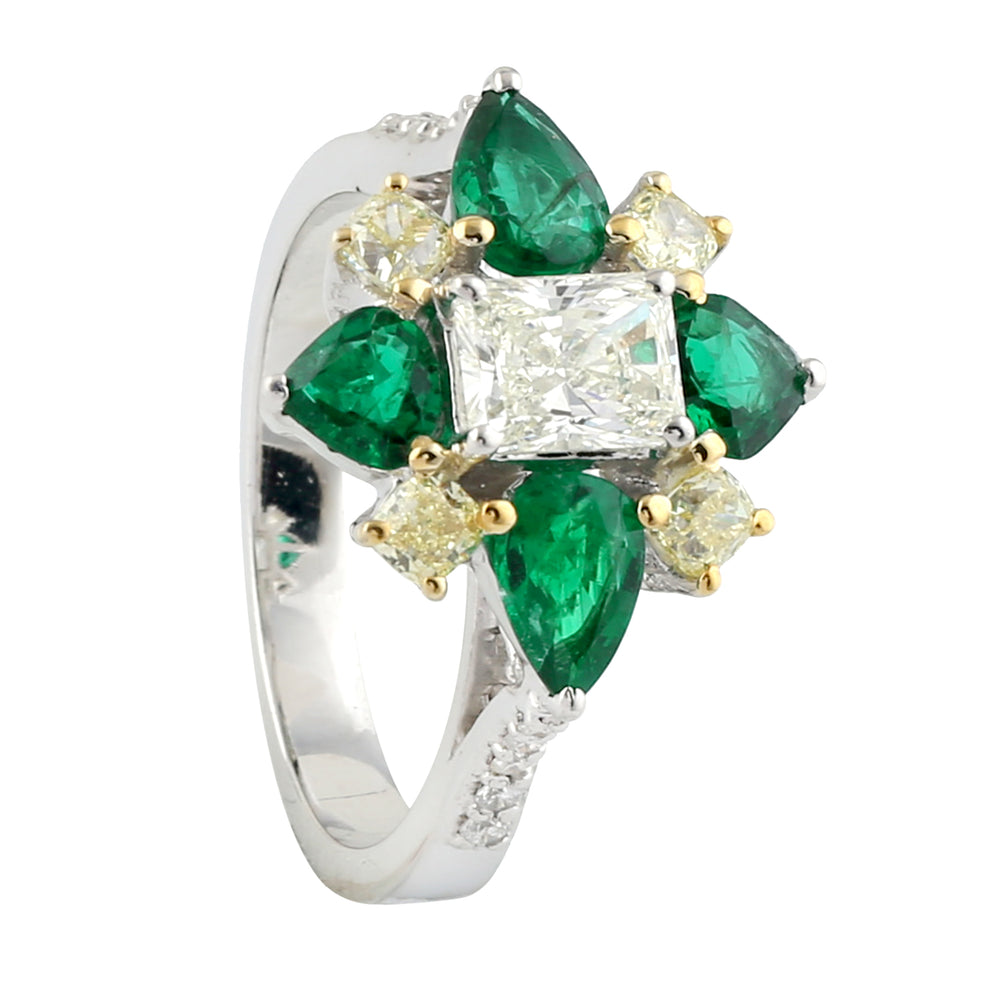 Flower Cocktail Ring Size Pear Prong Set Emerald Gemstone Diamond 18k Gold